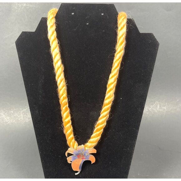 VTG Orange Purple Metal Enamel Tiger Lily Flower Pendant Twisted Cord Necklace - Picture 2 of 10